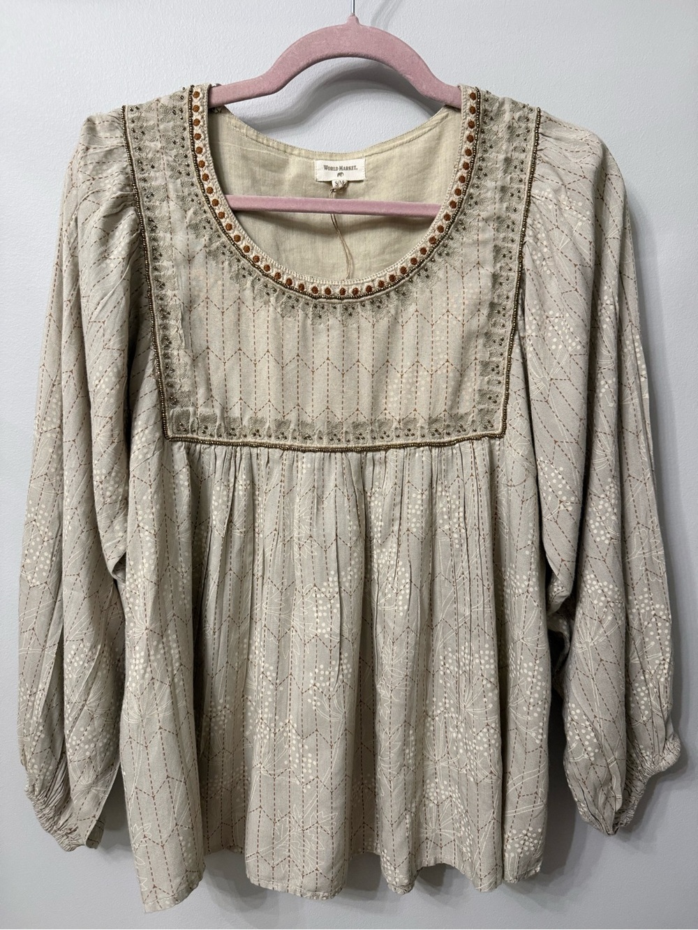 World Market Cream Embroidered Peasant Tunic with Beaded Yoke